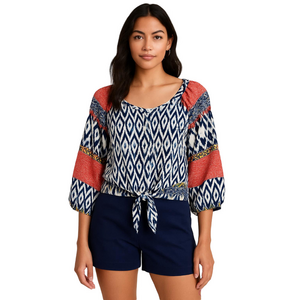 FIGUERCA & FLOWER Tag size XL -Fit Large Button Front IKAT Print Tie Hem Blouse